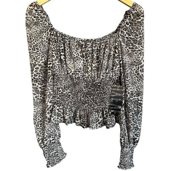 NWT HYFVE Leopard Print Puff Sleeve Smocked Ruffle Peplum Hem Blouse - Picture 2 of 12